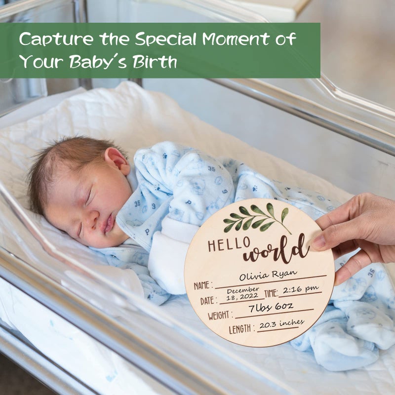 Giftacity Baby Announcement Sign for Newborn - Beautiful Double-Sided Hello World Name Sign for Hospital Birth Announcement, The Perfect Round Wooden Welcome Baby Board for New Boy and Girl Gifts - Image 2
